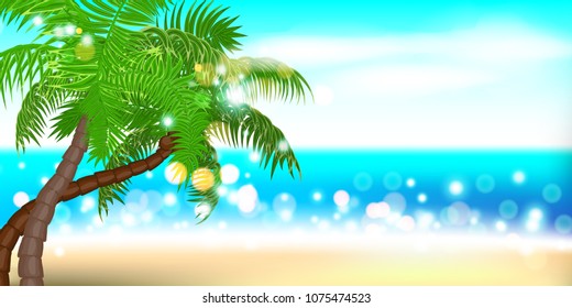 Horizontal summer time palm tree banner. Palm leaf seashore sand beach. Ocean poster sunny tropical vector illustration. Hawaii landscape paradise. Colored party invitation.