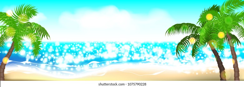 Horizontal summer time palm tree banner. Palm leaf seashore sand beach. Ocean poster sunny tropical vector illustration. Hawaii landscape paradise. Colored party invitation.