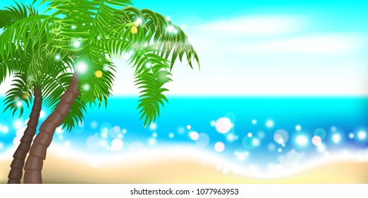 Horizontal summer time palm tree banner. Palm leaf seashore sand beach. Ocean poster sunny tropical vector illustration. Hawaii landscape paradise. Colored party invitation.