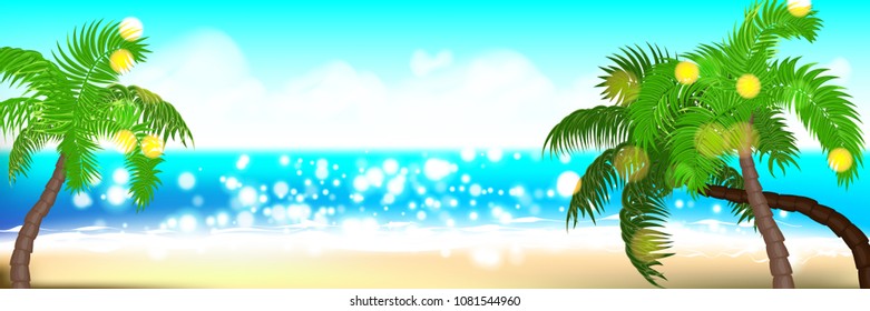 Horizontal summer time palm tree banner. Palm leaf seashore sand beach. Ocean poster sunny tropical vector illustration. Hawaii landscape paradise. Colored party invitation.