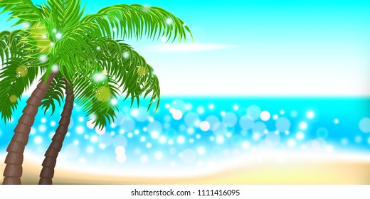 Horizontal summer time palm tree banner. Palm leaf seashore sand beach. Ocean poster sunny tropical vector illustration. Hawaii landscape paradise. Colored party invitation.