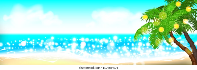 Horizontal summer time palm tree banner. Palm leaf seashore sand beach. Ocean poster sunny tropical vector illustration. Hawaii landscape paradise. Colored party invitation.