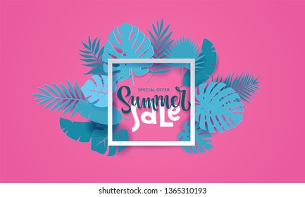 Horizontal Summer Tropical palm monstera leaves in trandy paper cut style. White square frame 3d letters SUMMER SALE on exotic blue leaves on pink background for advertising. Vector card illustration.