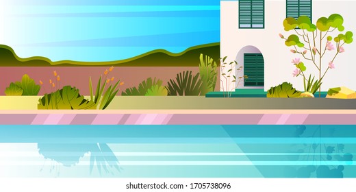 Horizontal summer view with house, pool, plants, blooming tree. Panoramic banner with luxury villa, backyard, water, sky, exotic flowers. Hotel relax zone concept in flat style.