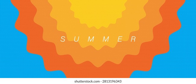 Horizontal summer-themed abstract minimalist poster, cover, banner, card with bright sun in a blue sky. Illustration of summer vacation, travel, and tourism. eps 10