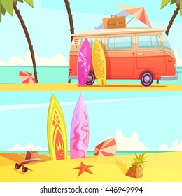 Horizontal surfing banners with bus ready for trip and surfboards on beach retro cartoon flat vector illustration