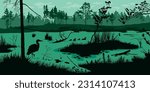 Horizontal swamp landscape. Marsh silhouette background with forest and birds. Pond outdoor panorama. River morning scene. Vector illustration