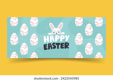 Horizontal symmetrical banner with Easter bunny and eggs. Festive handwritten lettering concept design. Cute holiday and celebration greeting template. Happy Easter hand drawn flat vector illustration
