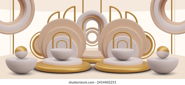 Horizontal symmetrical banner with stands and podiums for product demonstration