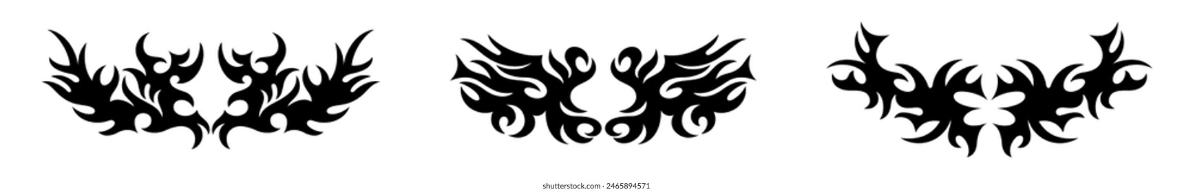 Horizontal symmetrical wings in the style of Gothic ornament. Trendy neo-tribal tattoo design elements. Vector art