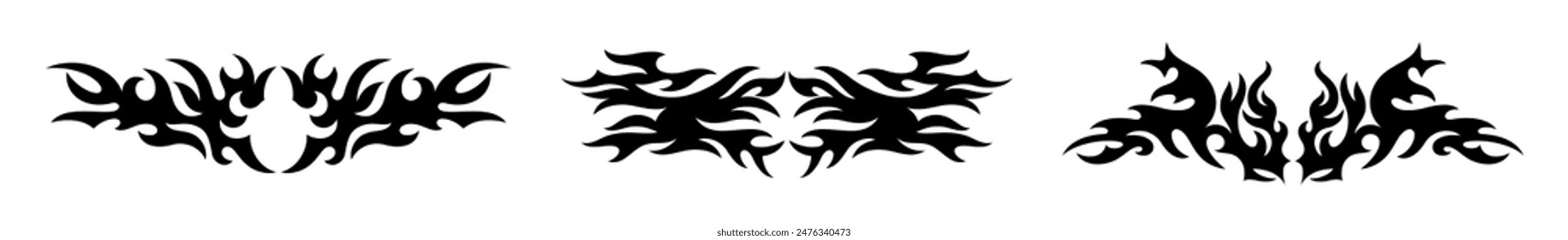 Horizontal symmetrical wings in the style of Gothic ornament. Trendy neo-tribal tattoo design elements. Vector art