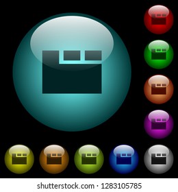 Horizontal tabbed layout active icons in color illuminated spherical glass buttons on black background. Can be used to black or dark templates