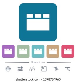 Horizontal tabbed layout white flat icons on color rounded square backgrounds. 6 bonus icons included