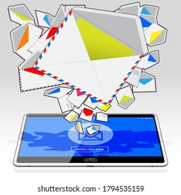 A horizontal Tablet Computer sending and receiving electronic email. Illustrated is a stream of email randomly streaming from its display screen. 