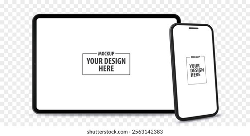 Horizontal Tablet Computer and Vertical Mobile Phone Vector Mockup With Perspective View. Blank screen digital devices isolated on transparent background.