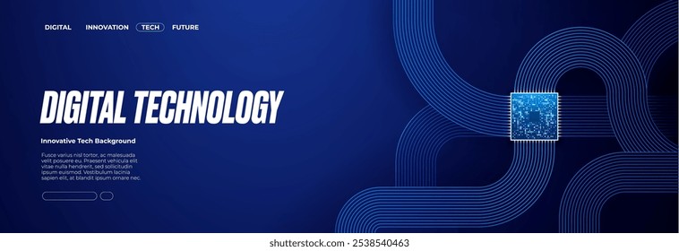 Fundo de tecnologia horizontal com semicondutor AI ou chip e peças eletrônicas com efeito 3D. Processador da CPU na motherboard do circuito. Tecnologia bg em azul elétrico escuro. Ilustração digital vetorial.