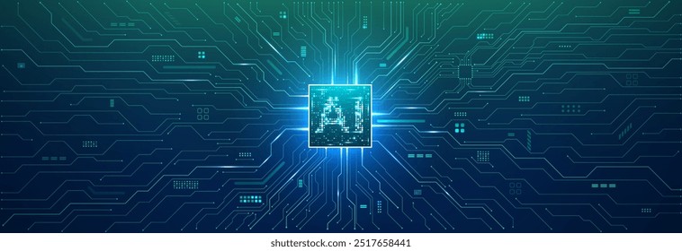 Anuncio de tecnología Horizontal. Abstractas fondo azul-verde de la tecnología. Chip de IA o semiconductor en el centro de una placa de circuito. Bolsa digital. Datos e información. Concepto de computadoras. Ilustración vectorial.