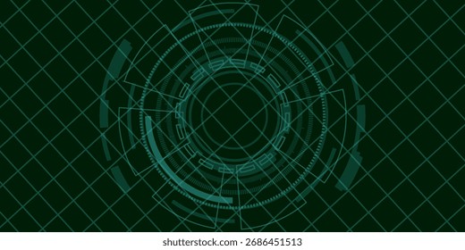 Horizontal technology banner. Abstract tech blue-green background. AI chip or semiconductor in the center of a circuit board. Digital bg. Data and information. Computers concept. Vector illustration.
