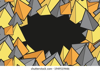 Horizontal template with 3D objects in trendy colors and copy space. Postcard with a dark background and toy pyramids. Child banner with geometric shapes.