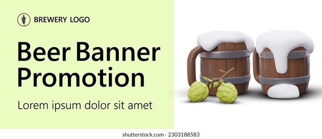 Horizontal template for advertising beer. Edited text, title, space for logo. Illustration with 3D elements in cartoon style. Wooden beer mugs with hoppy drink