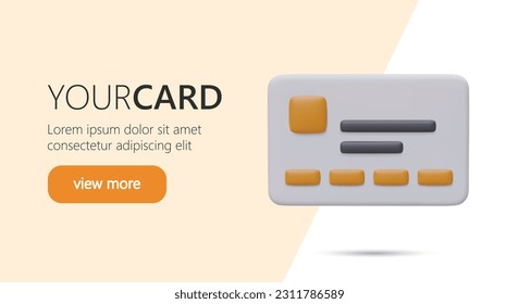 Horizontal template for advertising non cash payments. 3D credit card with shadow. Banner with place for text and button. Convenient payment method, money transfers. Personal and business credit cards