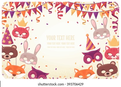 Horizontal template with animal masks, paper streamers, triangular flags and confetti. Retro vector illustration. Invitation, card, poster, flyer, banner. Place for your text. Costume party layout