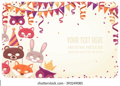 Horizontal Template With Animal Masks, Triangular Flags, Paper Streamers And Confetti. Retro Vector Illustration. Invitation, Card, Poster, Flyer, Banner. Place For Your Text. Costume Party Layout