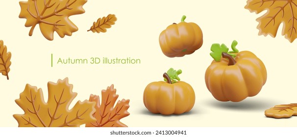 Horizontal template for autumn creative advertising banner. Seasonal sale. Layout with 3D elements and place for text. Ripe pumpkins and fallen leaves