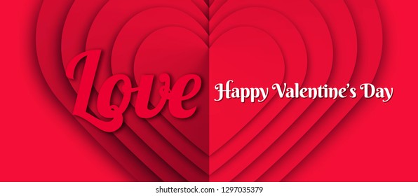 Horizontal template with background design with hearts. Promotion and sales banners, coupons, gift cards, labels, flyer. Text word love. Color red passion. Vector illustration.