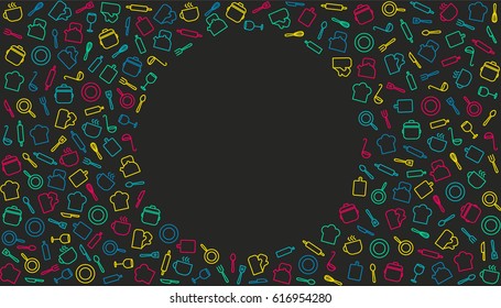 Horizontal template for brochure, flyer, banner etc. Kitchen elements colorful pattern.