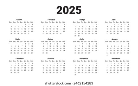 Horizontal template calendar New Year 2025. Portuguese calendar design. Portugues week starts on Monday. Yearly grid on white. Vector illustration minimal.