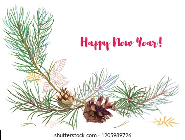 Horizontal template card for New Year. Framework with pine branches, cones, needles, decorative twigs on white background, hand draw, watercolor style, botanical illustration. Christmas tree, vector