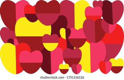 Horizontal template for cards, invitations, attributes for Valentine day, engagement tightly filled with two-color hearts of different sizes with vertical and horizontal division in half