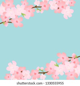 Horizontal template with cherry blossom, spring flowers, falling petals. Retro vector illustration. Place for your text. Design for invitation, banner, card, poster, flyer