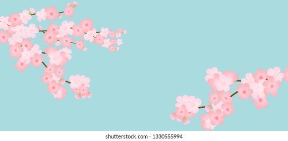 Horizontal template with cherry blossom, spring flowers, falling petals. Retro vector illustration. Place for your text. Design for invitation, banner, card, poster, flyer