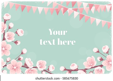 Horizontal template with cherry blossom, spring flowers, party flags. Retro vector illustration. Bokeh background. Place for your text. Design for invitation, banner, card, poster, flyer