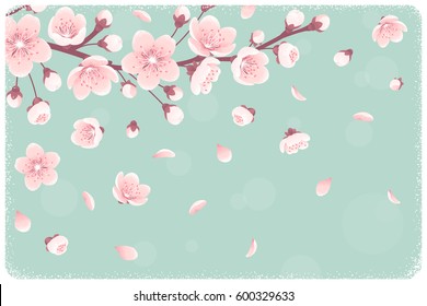 Horizontal template with cherry blossom, spring flowers, falling petals. Retro vector illustration. Place for your text. Design for invitation, banner, card, poster, flyer