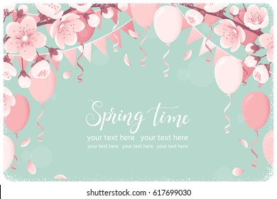 Horizontal template with cherry blossom, spring flowers, party flags, balloons, falling petals. Retro vector illustration. Spring time lettering. Place for your text. Invitation, banner, poster, flyer