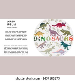 Horizontal template with circle shape composition dinosaurs and text. Clip art with copyspace. Greeting card, poster design element. Vector