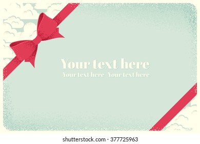 Horizontal template with clouds, blue sky and red bow. Retro vector illustration. Design for gift certificate, invitation, banner, card