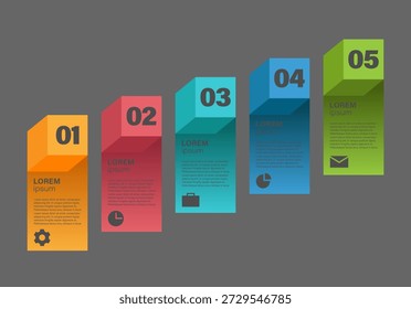 Horizontale Vorlage mit farbenfrohen 3D-Würfeln. Moderne Infografik-Vorlage mit fünf Schritten