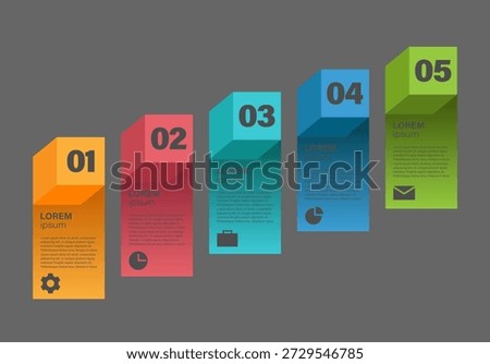 Horizontal template with colorful 3D cubes. Five step processes vector modern infographics template