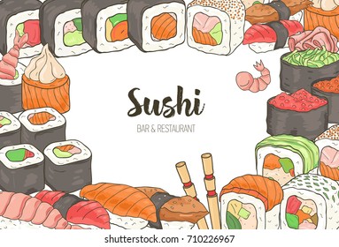 Horizontal template with colorful frame consisted of various types of Japanese sushi and rolls on white background. Hand drawn vector illustration for menu or banner of Asian food restaurant.