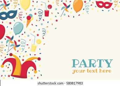 Horizontal template with confetti, jester hat, mask, balloons, windmills, ice cream, cocktails, serpentine. Place for your text. Design for invitation, poster, card, flyer, banner