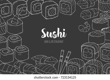 Horizontal template with contour frame consisted of various types of Japanese sushi and rolls on black background. Hand drawn vector illustration for menu or banner of Asian food restaurant.