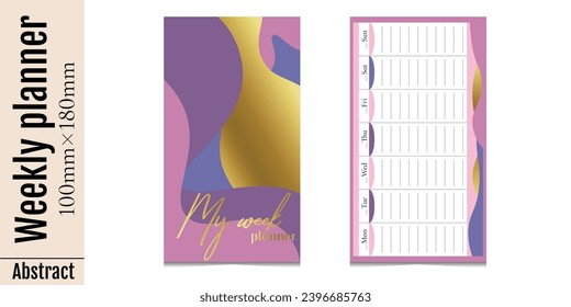 Horizontal template with cover for weekly planner with days of the week, without dates. The week starts on Monday. Abstract shapes with gold and pink waves. Isolated on white background.