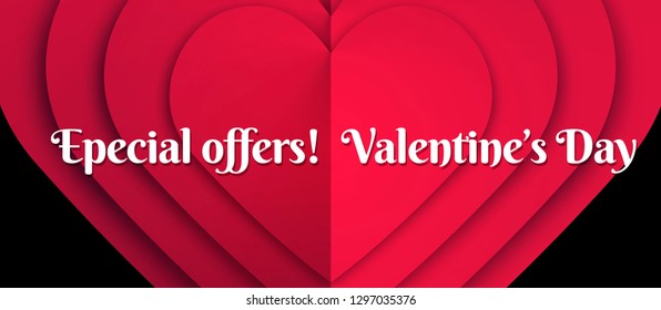 Horizontal template with design for Saint Valentine's day. Promotion and sales banners, coupons, gift cards and labels. Illustration with elegant hearts. Vector illustration. Heart shapes background.