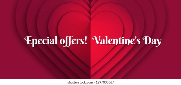 Horizontal template with design for Saint Vanlentin's day. Promotion and sales banners, coupons, gift cards and labels. Illustration with elegant hearts. Vector illustration. Heart shapes background.