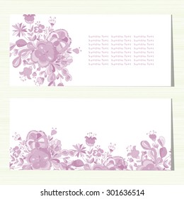 Horizontal template with envelope. Cards, invitations, banner. Purple flowers.