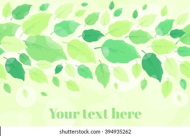 Horizontal template with flying fresh green spring leaves. Can be used as seamless stripe. Retro vector illustration. Bokeh background. Place for your text. Invitation, banner, card, poster, flyer